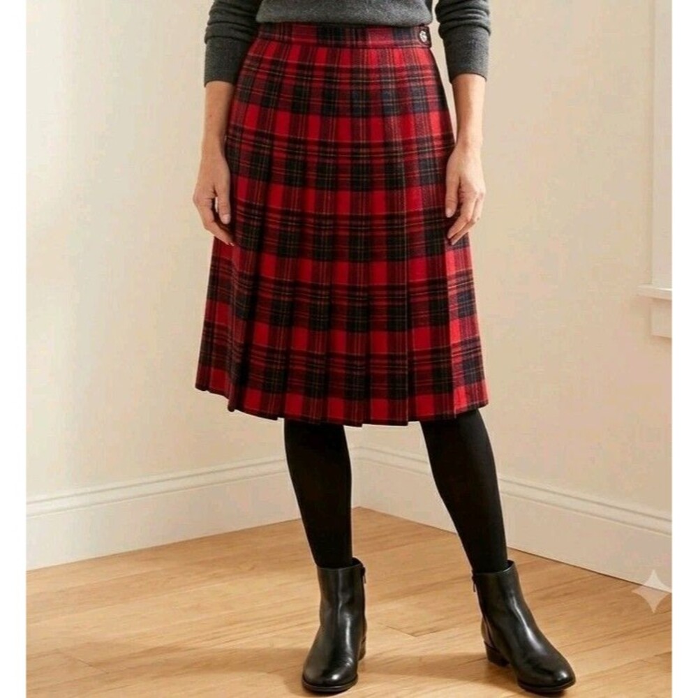 VTG Talbots Petites Red Plaid Pleated Midi Skirt 12 100% Worsted Wool USA Made